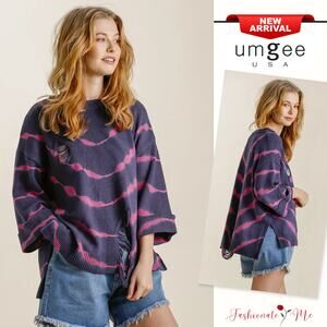 Umgee Tie Dye Side Slit Round Neck High-Low Hem Distressed Detail Sweater | Navy